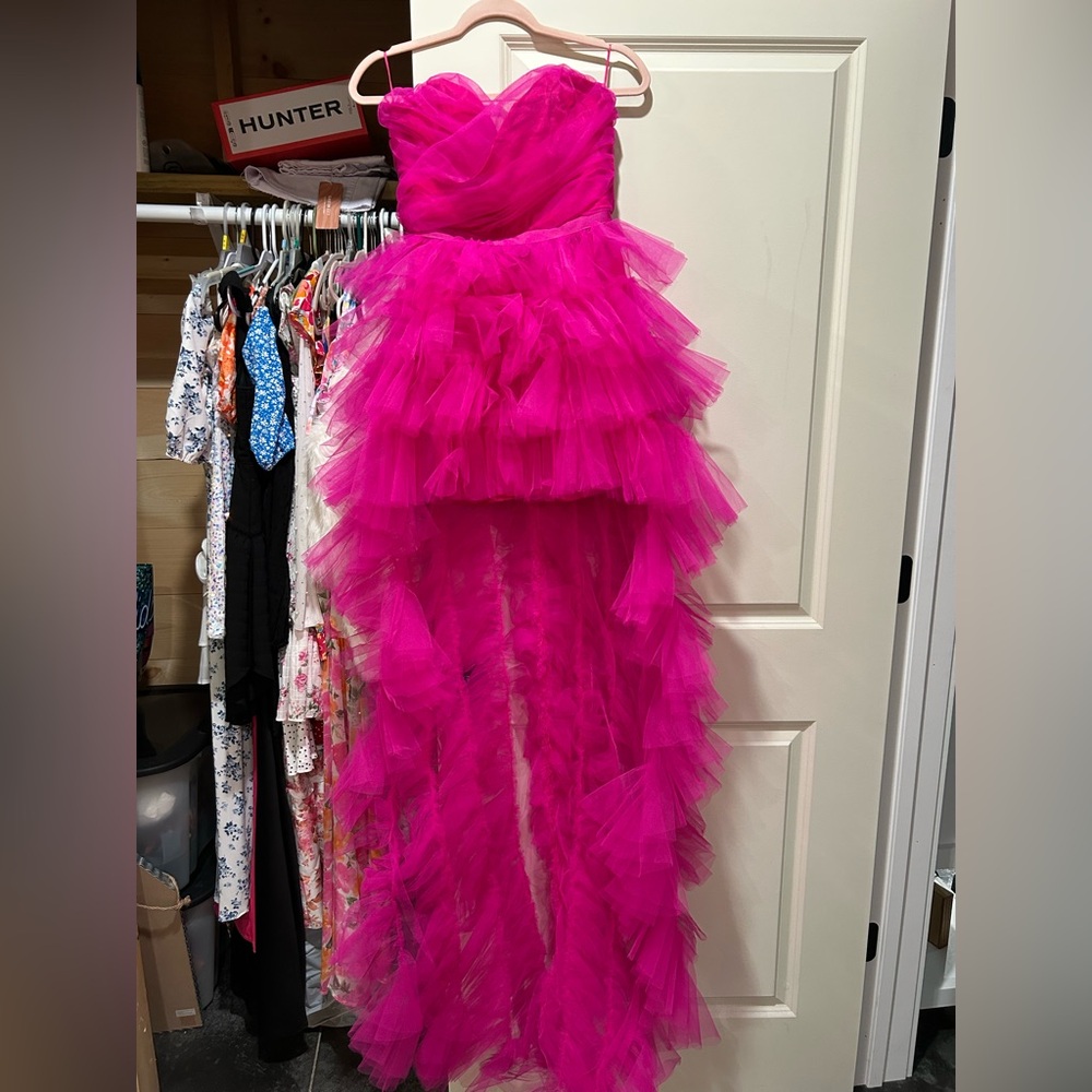 Pink High Low Ruffled Gown with Sweetheart Neckline